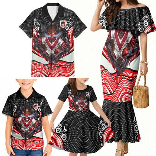 St George Illawarra Dragons Family Matching Mermaid Dress and Hawaiian Shirt The Scream of Lightning Eyes - Indigenous Dot Ripping Effect