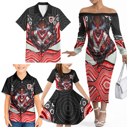 St George Illawarra Dragons Family Matching Off The Shoulder Long Sleeve Dress and Hawaiian Shirt The Scream of Lightning Eyes - Indigenous Dot Ripping Effect
