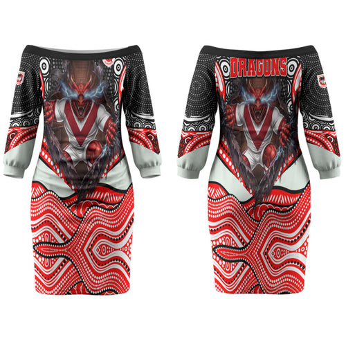 St George Illawarra Dragons Family Matching Off The Shoulder Long Sleeve Dress and Hawaiian Shirt The Scream of Lightning Eyes - Indigenous Dot Ripping Effect