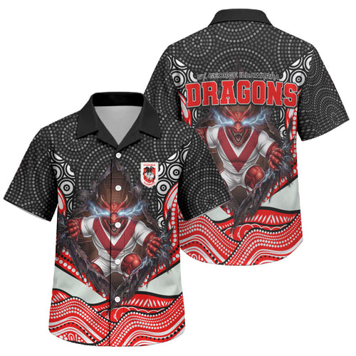 St George Illawarra Dragons Family Matching Off The Shoulder Long Sleeve Dress and Hawaiian Shirt The Scream of Lightning Eyes - Indigenous Dot Ripping Effect