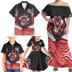 St George Illawarra Dragons Family Matching Off Shoulder Maxi Dress and Hawaiian Shirt The Scream of Lightning Eyes - Indigenous Dot Ripping Effect
