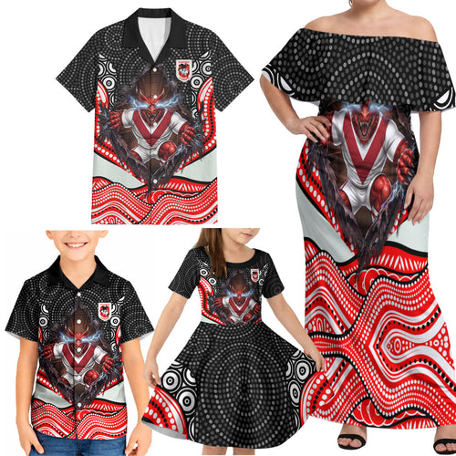St George Illawarra Dragons Family Matching Off Shoulder Maxi Dress and Hawaiian Shirt The Scream of Lightning Eyes - Indigenous Dot Ripping Effect