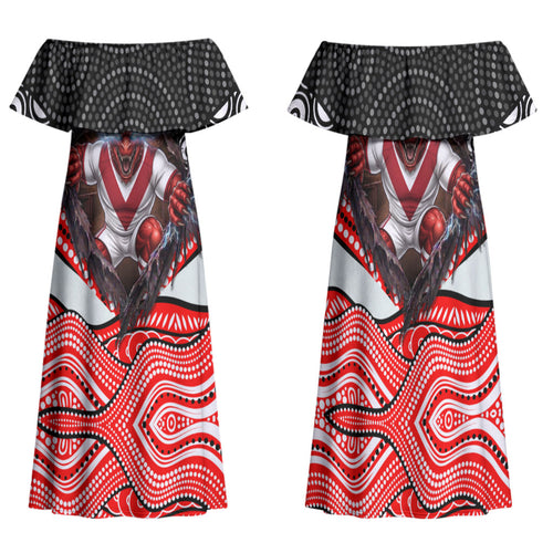 St George Illawarra Dragons Family Matching Off Shoulder Maxi Dress and Hawaiian Shirt The Scream of Lightning Eyes - Indigenous Dot Ripping Effect