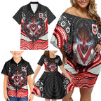 St George Illawarra Dragons Family Matching Off Shoulder Short Dress and Hawaiian Shirt The Scream of Lightning Eyes - Indigenous Dot Ripping Effect
