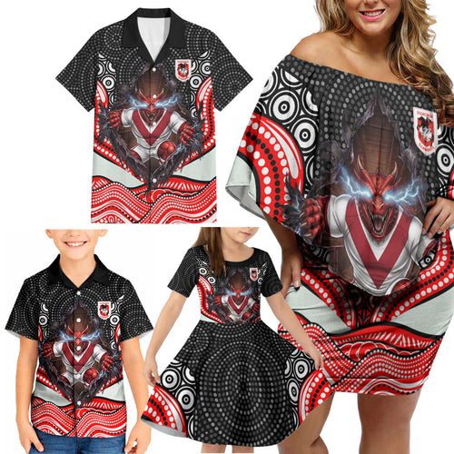 St George Illawarra Dragons Family Matching Off Shoulder Short Dress and Hawaiian Shirt The Scream of Lightning Eyes - Indigenous Dot Ripping Effect