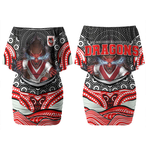 St George Illawarra Dragons Family Matching Off Shoulder Short Dress and Hawaiian Shirt The Scream of Lightning Eyes - Indigenous Dot Ripping Effect