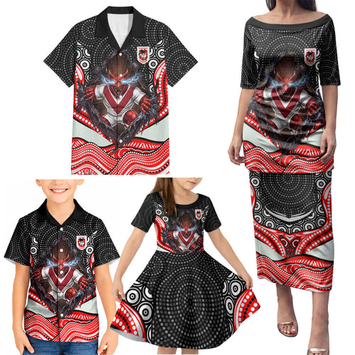 St George Illawarra Dragons Family Matching Puletasi and Hawaiian Shirt The Scream of Lightning Eyes - Indigenous Dot Ripping Effect
