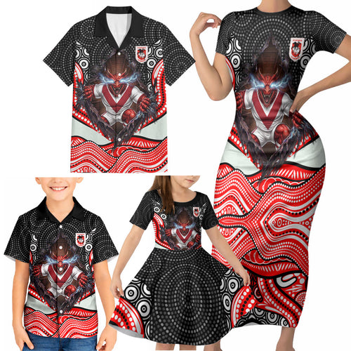 St George Illawarra Dragons Family Matching Short Sleeve Bodycon Dress and Hawaiian Shirt The Scream of Lightning Eyes - Indigenous Dot Ripping Effect