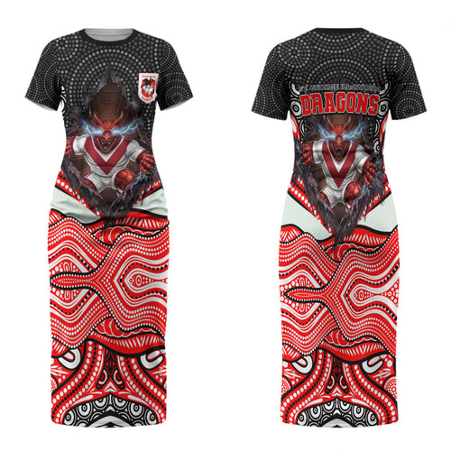 St George Illawarra Dragons Family Matching Short Sleeve Bodycon Dress and Hawaiian Shirt The Scream of Lightning Eyes - Indigenous Dot Ripping Effect