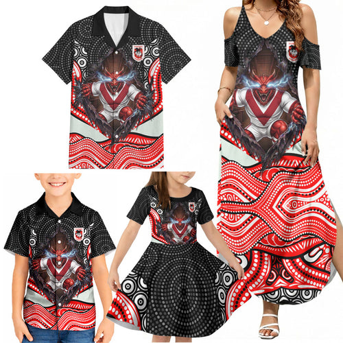 St George Illawarra Dragons Family Matching Summer Maxi Dress and Hawaiian Shirt The Scream of Lightning Eyes - Indigenous Dot Ripping Effect
