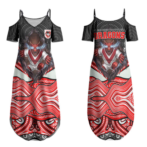 St George Illawarra Dragons Family Matching Summer Maxi Dress and Hawaiian Shirt The Scream of Lightning Eyes - Indigenous Dot Ripping Effect