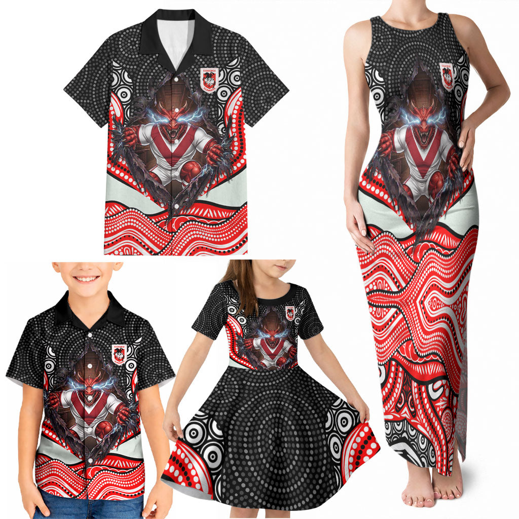 St George Illawarra Dragons Family Matching Tank Maxi Dress and Hawaiian Shirt The Scream of Lightning Eyes - Indigenous Dot Ripping Effect