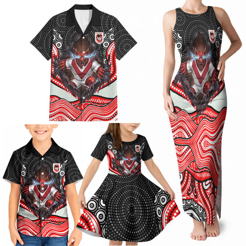 St George Illawarra Dragons Family Matching Tank Maxi Dress and Hawaiian Shirt The Scream of Lightning Eyes - Indigenous Dot Ripping Effect