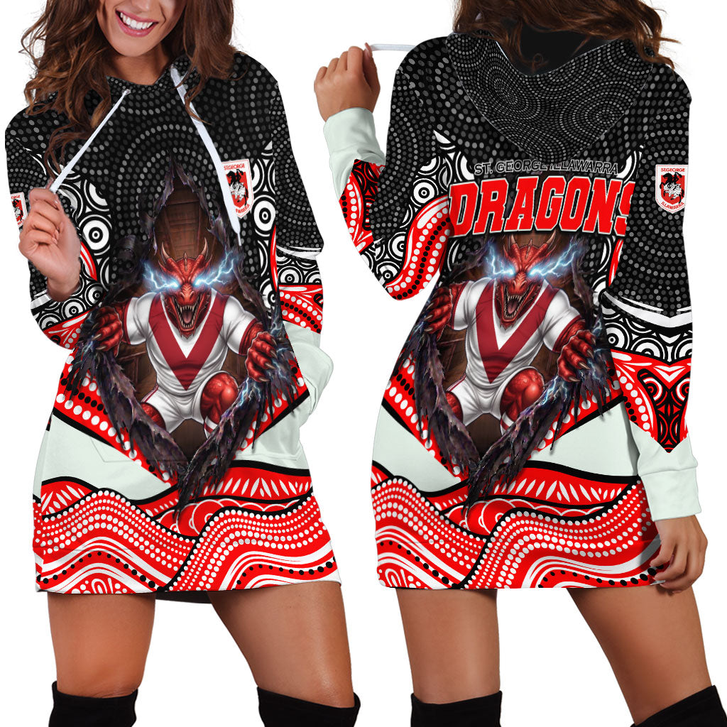 St George Illawarra Dragons Hoodie Dress The Scream of Lightning Eyes - Indigenous Dot Ripping Effect