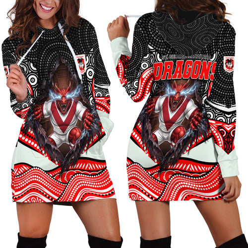 St George Illawarra Dragons Hoodie Dress The Scream of Lightning Eyes - Indigenous Dot Ripping Effect