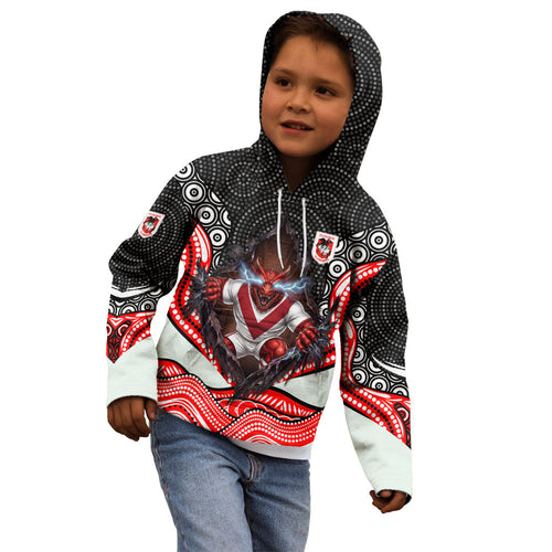 St George Illawarra Dragons Kid Hoodie The Scream of Lightning Eyes - Indigenous Dot Ripping Effect