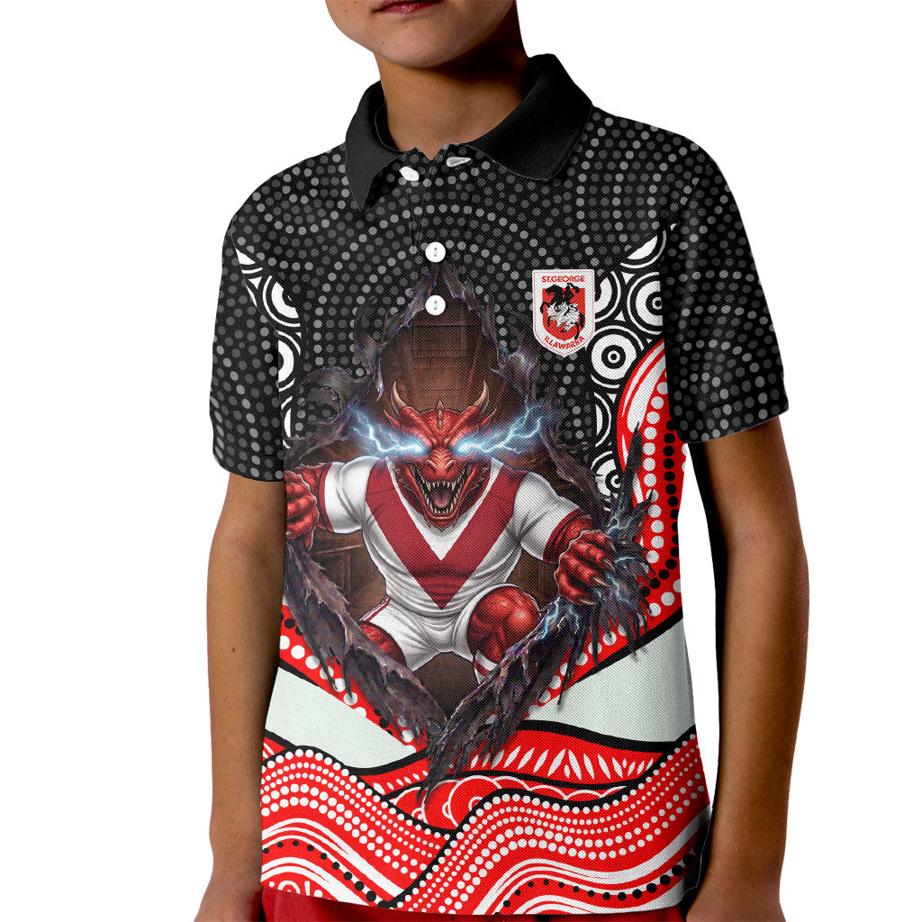 St George Illawarra Dragons Kid Polo Shirt The Scream of Lightning Eyes - Indigenous Dot Ripping Effect