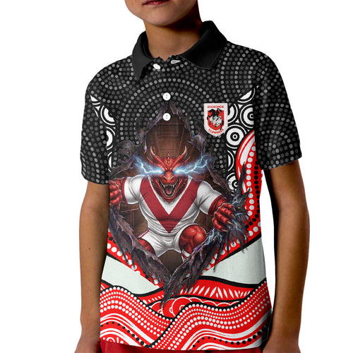St George Illawarra Dragons Kid Polo Shirt The Scream of Lightning Eyes - Indigenous Dot Ripping Effect