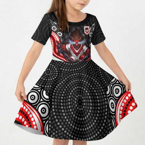 St George Illawarra Dragons Kid Short Sleeve Dress The Scream of Lightning Eyes - Indigenous Dot Ripping Effect