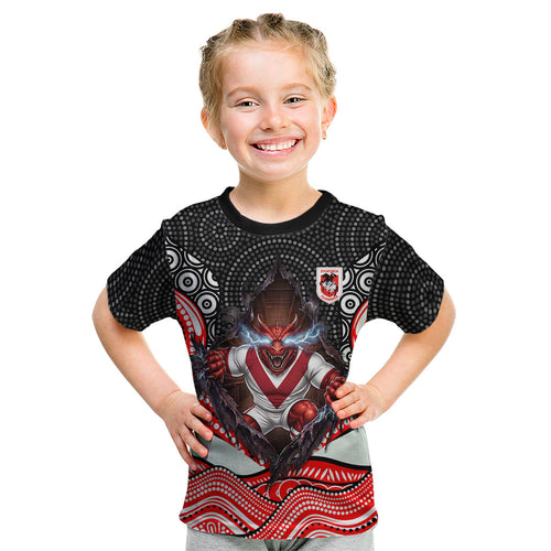 St George Illawarra Dragons Kid T Shirt The Scream of Lightning Eyes - Indigenous Dot Ripping Effect