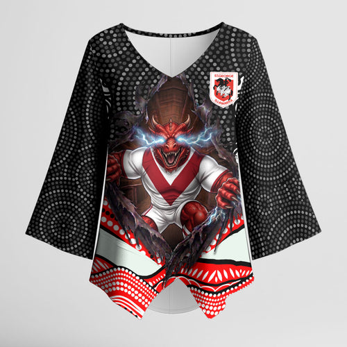 St George Illawarra Dragons Kimono Sleeve Blouse The Scream of Lightning Eyes - Indigenous Dot Ripping Effect