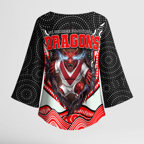 St George Illawarra Dragons Kimono Sleeve Blouse The Scream of Lightning Eyes - Indigenous Dot Ripping Effect