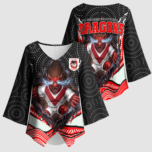 St George Illawarra Dragons Kimono Sleeve Blouse The Scream of Lightning Eyes - Indigenous Dot Ripping Effect