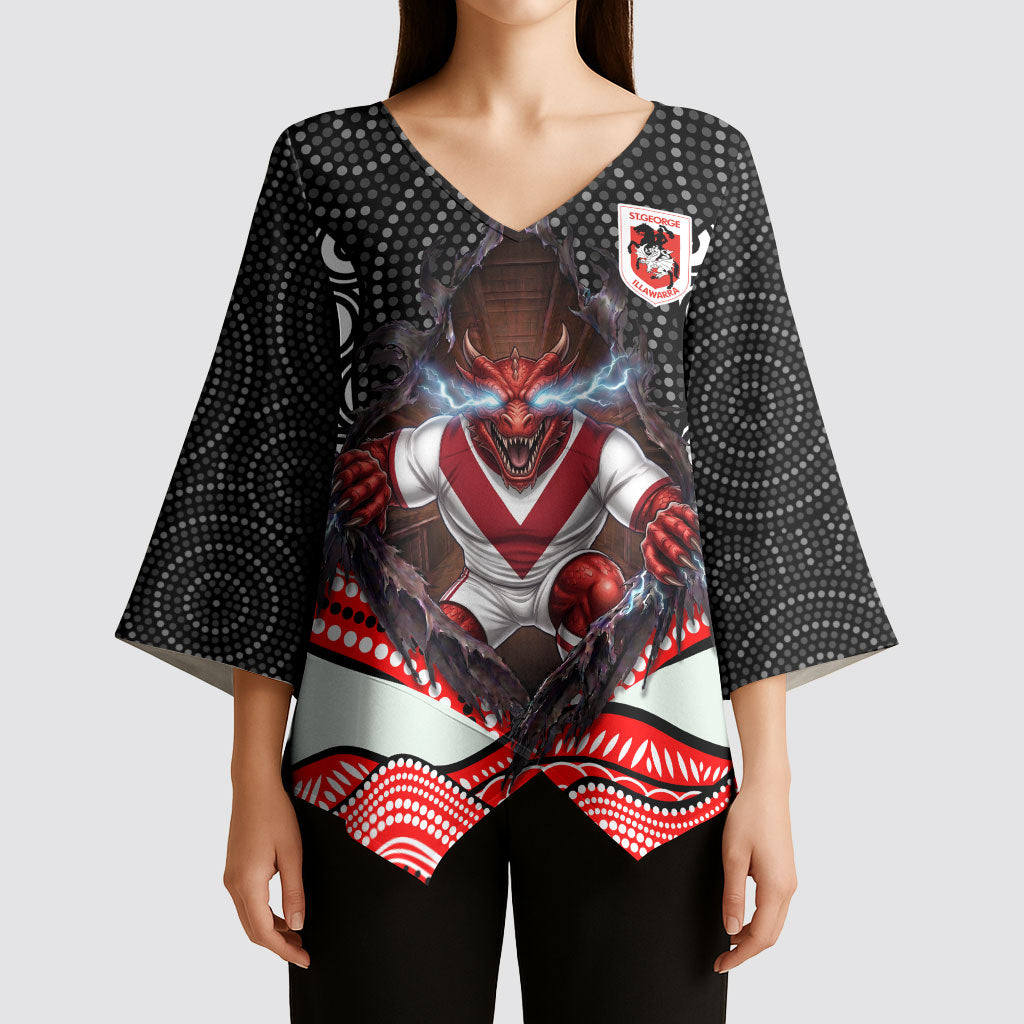 St George Illawarra Dragons Kimono Sleeve Blouse The Scream of Lightning Eyes - Indigenous Dot Ripping Effect