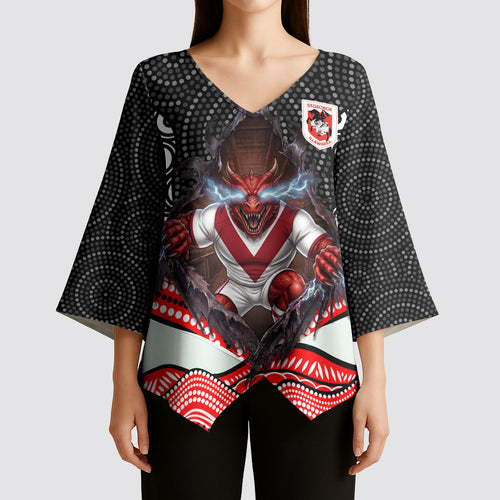 St George Illawarra Dragons Kimono Sleeve Blouse The Scream of Lightning Eyes - Indigenous Dot Ripping Effect