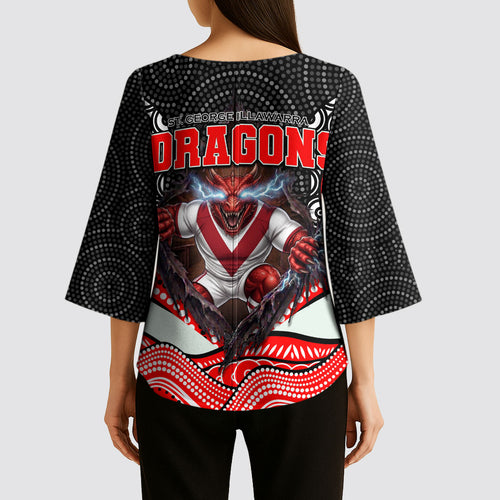 St George Illawarra Dragons Kimono Sleeve Blouse The Scream of Lightning Eyes - Indigenous Dot Ripping Effect