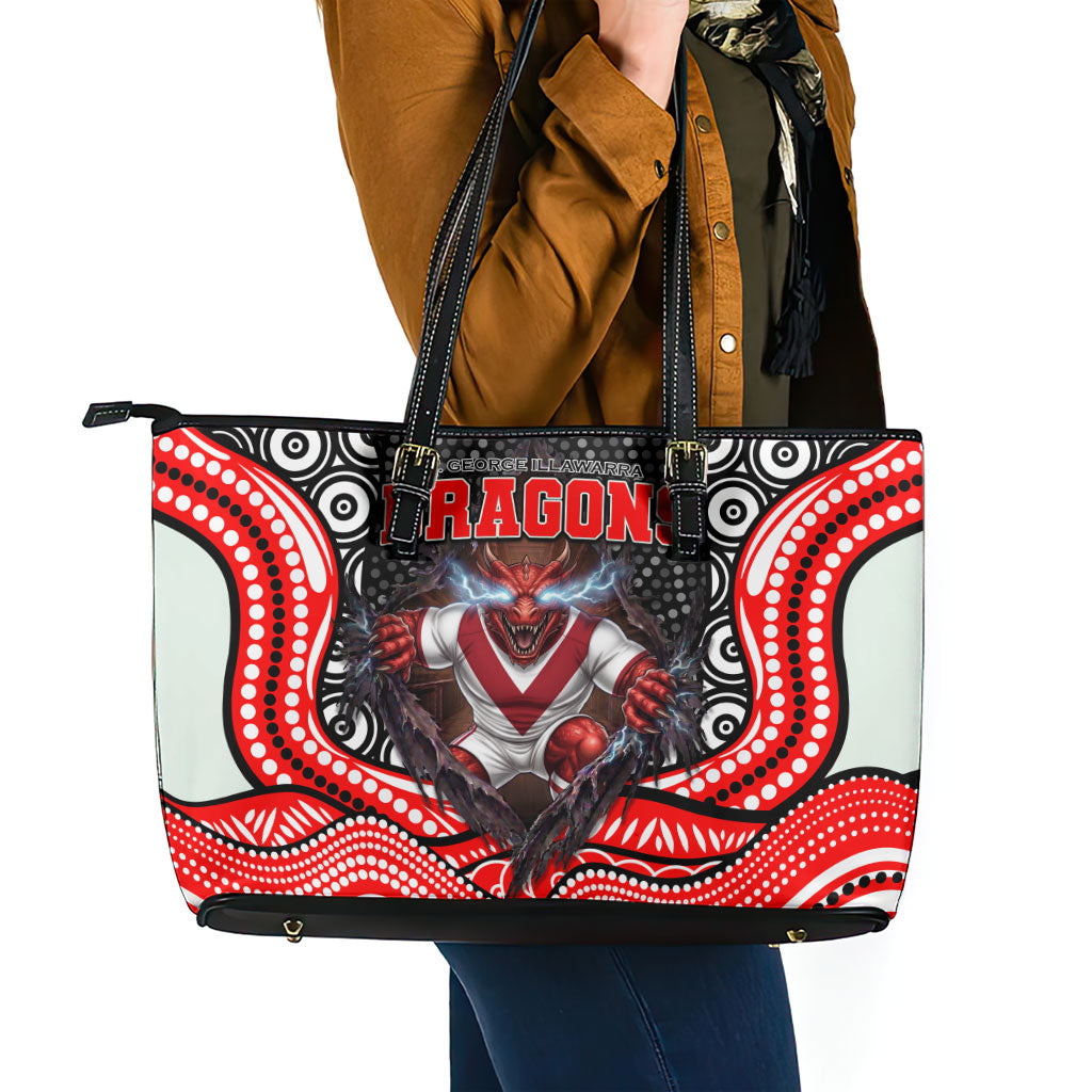 St George Illawarra Dragons Leather Tote Bag The Scream of Lightning Eyes - Indigenous Dot Ripping Effect