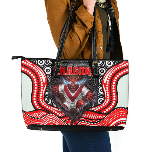 St George Illawarra Dragons Leather Tote Bag The Scream of Lightning Eyes - Indigenous Dot Ripping Effect
