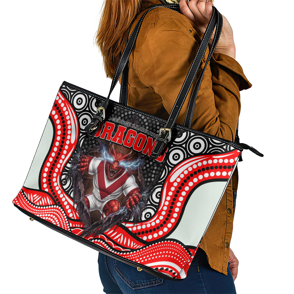St George Illawarra Dragons Leather Tote Bag The Scream of Lightning Eyes - Indigenous Dot Ripping Effect