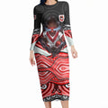 St George Illawarra Dragons Long Sleeve Bodycon Dress The Scream of Lightning Eyes - Indigenous Dot Ripping Effect