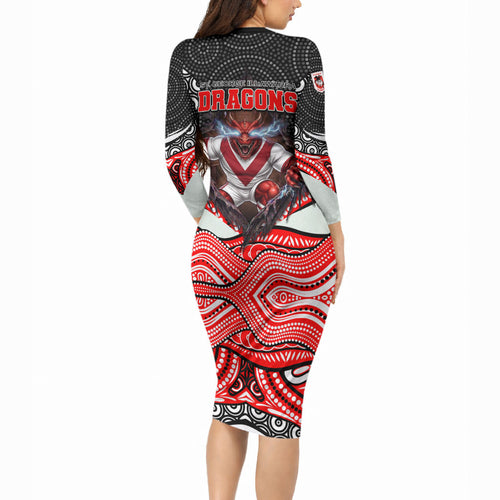 St George Illawarra Dragons Long Sleeve Bodycon Dress The Scream of Lightning Eyes - Indigenous Dot Ripping Effect