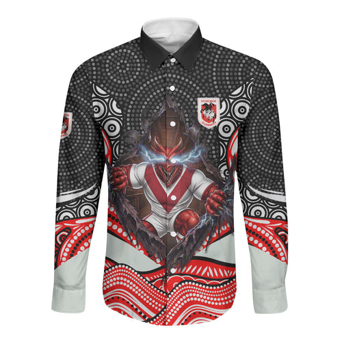 St George Illawarra Dragons Long Sleeve Button Shirt The Scream of Lightning Eyes - Indigenous Dot Ripping Effect