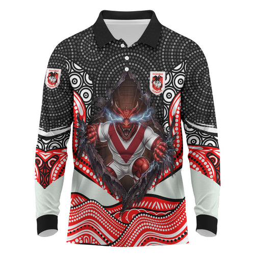 St George Illawarra Dragons Long Sleeve Polo Shirt The Scream of Lightning Eyes - Indigenous Dot Ripping Effect