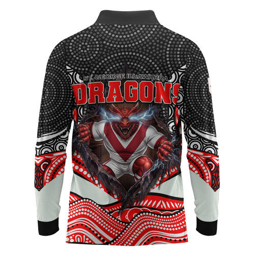 St George Illawarra Dragons Long Sleeve Polo Shirt The Scream of Lightning Eyes - Indigenous Dot Ripping Effect