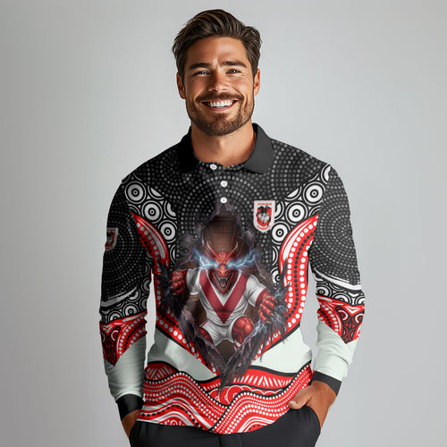 St George Illawarra Dragons Long Sleeve Polo Shirt The Scream of Lightning Eyes - Indigenous Dot Ripping Effect