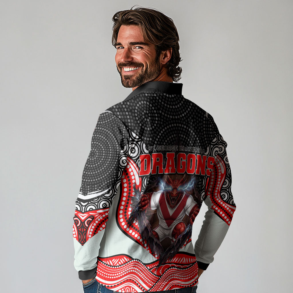 St George Illawarra Dragons Long Sleeve Polo Shirt The Scream of Lightning Eyes - Indigenous Dot Ripping Effect