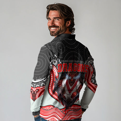 St George Illawarra Dragons Long Sleeve Polo Shirt The Scream of Lightning Eyes - Indigenous Dot Ripping Effect