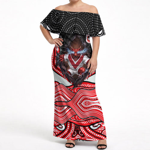 St George Illawarra Dragons Off Shoulder Maxi Dress The Scream of Lightning Eyes - Indigenous Dot Ripping Effect
