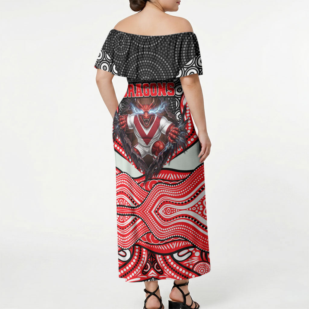 St George Illawarra Dragons Off Shoulder Maxi Dress The Scream of Lightning Eyes - Indigenous Dot Ripping Effect