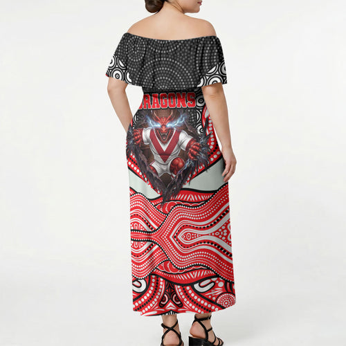 St George Illawarra Dragons Off Shoulder Maxi Dress The Scream of Lightning Eyes - Indigenous Dot Ripping Effect