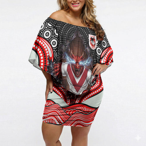 St George Illawarra Dragons Off Shoulder Short Dress The Scream of Lightning Eyes - Indigenous Dot Ripping Effect