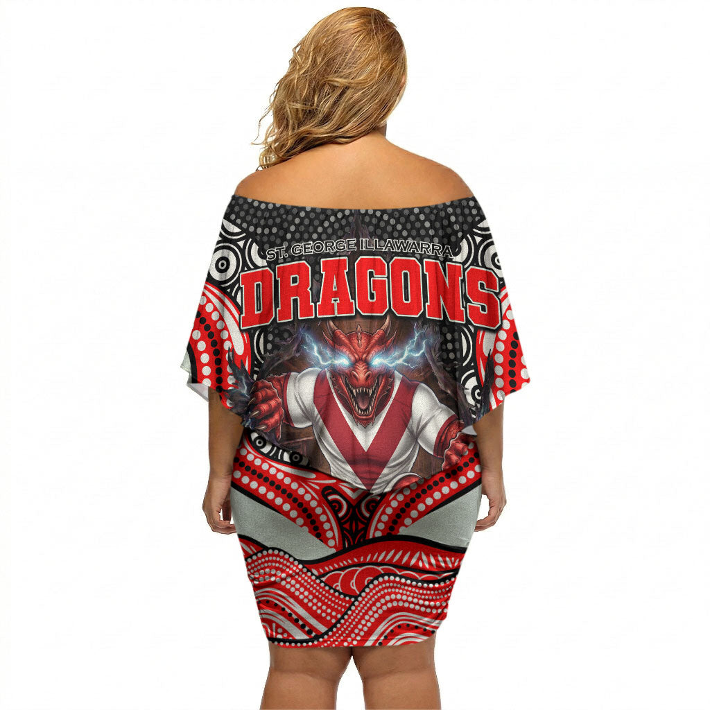 St George Illawarra Dragons Off Shoulder Short Dress The Scream of Lightning Eyes - Indigenous Dot Ripping Effect