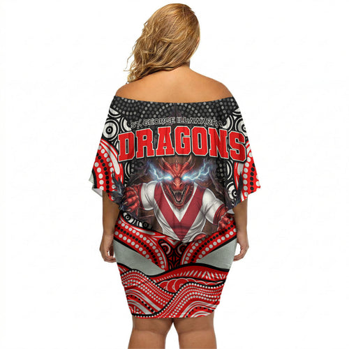 St George Illawarra Dragons Off Shoulder Short Dress The Scream of Lightning Eyes - Indigenous Dot Ripping Effect