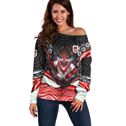 St George Illawarra Dragons Off Shoulder Sweater The Scream of Lightning Eyes - Indigenous Dot Ripping Effect