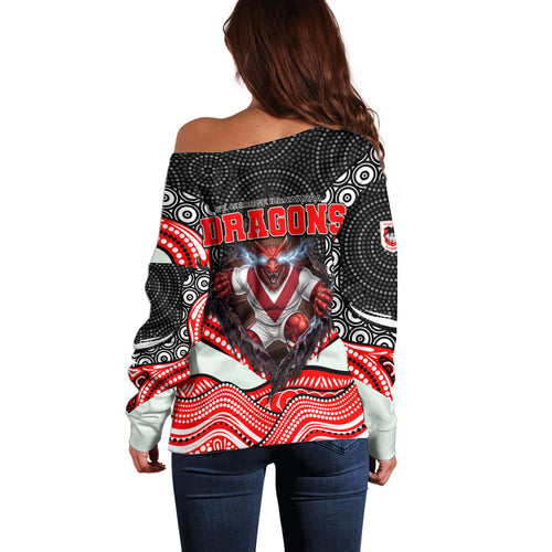 St George Illawarra Dragons Off Shoulder Sweater The Scream of Lightning Eyes - Indigenous Dot Ripping Effect