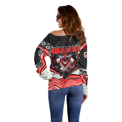 St George Illawarra Dragons Off Shoulder Sweater The Scream of Lightning Eyes - Indigenous Dot Ripping Effect